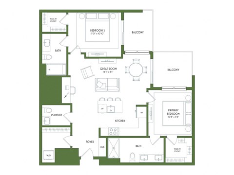 A floor plan of a house with a primary bedroom, two balconies, a powder room, and a foyer.